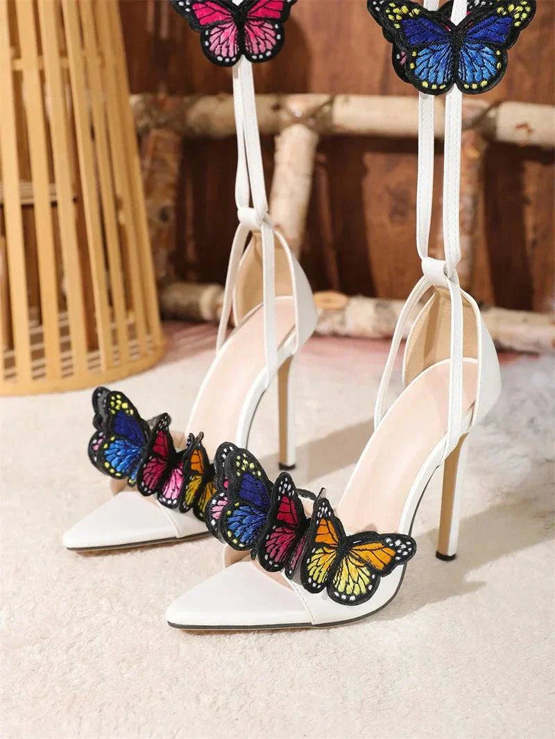 VougeVamp Embroidered Butterfly Ankle Strap Sandals - Pointed Toe High Heel Party Shoes for Women