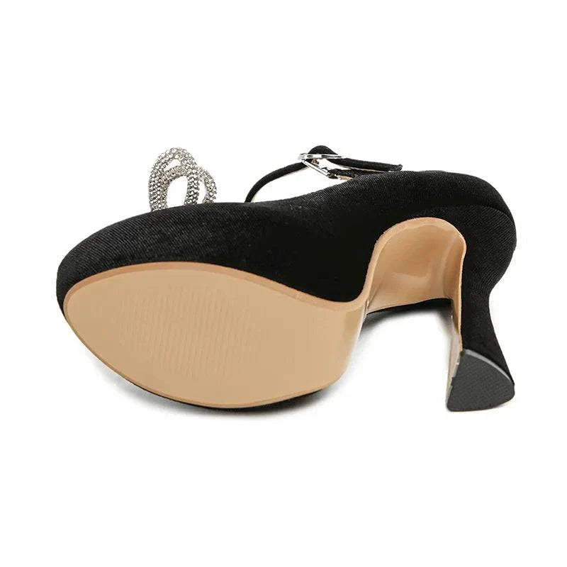 VougeVamp Rhinestone Crystal Bowknot Platform Pumps - Round Toe 13CM High Heel Wedding Shoes for Women