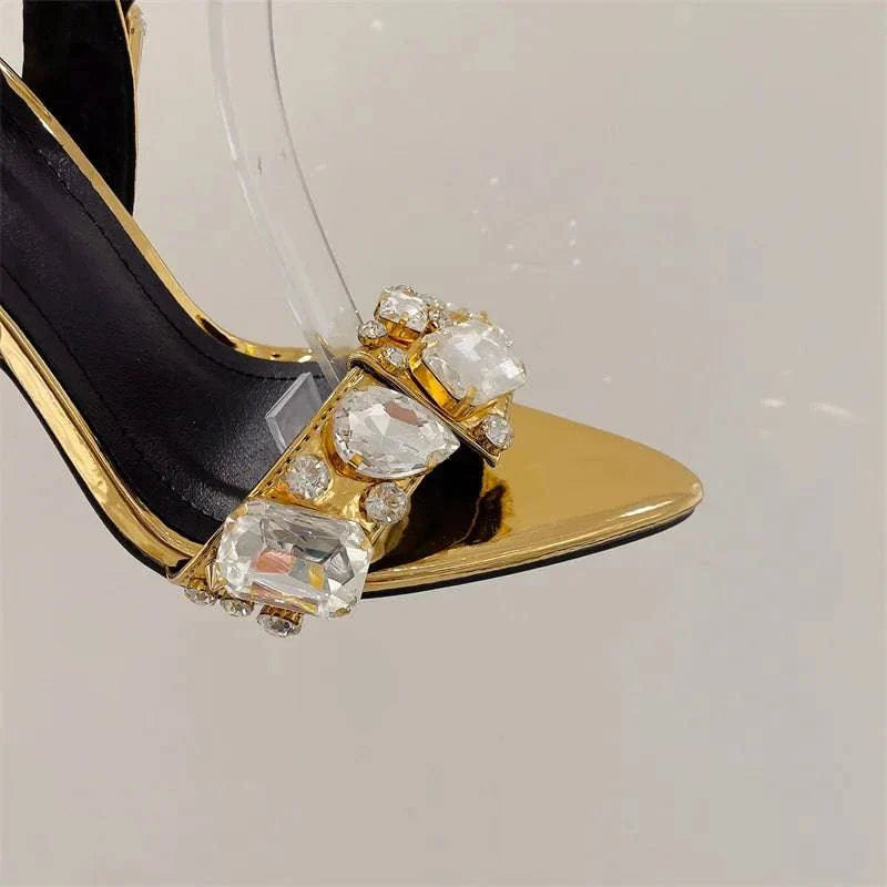 VougeVamp Green Crystal Cross-Strap Sandals - Pointed Toe High Heel Wedding Shoes for Women