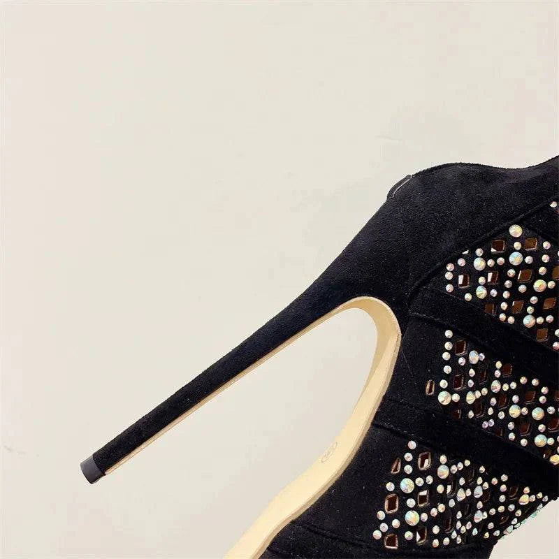 VougeVamp Rhinestone Mesh Ankle Boots - Peep Toe Platform High Heel Booties for Women