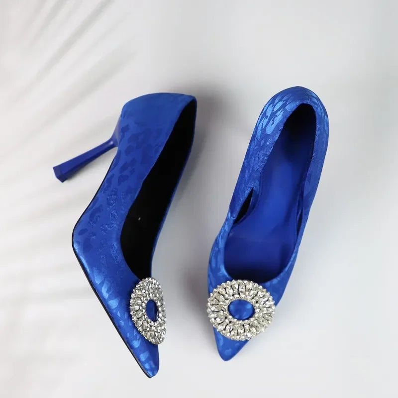 Elegant Satin Pointed Toe Heels with Diamond Circle Detail - High-Quality Bridal & Evening Pumps
