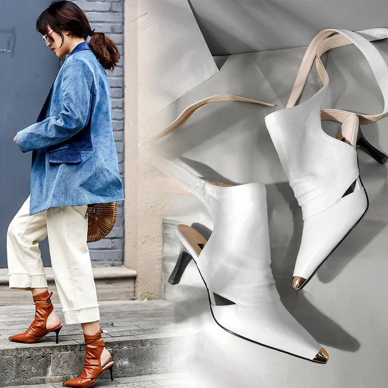 VougeVamp Pointed Toe Slingback Ankle Boots – Chic Strappy High Heel Boots for Elegant & Breathable Style - VougeVampUK