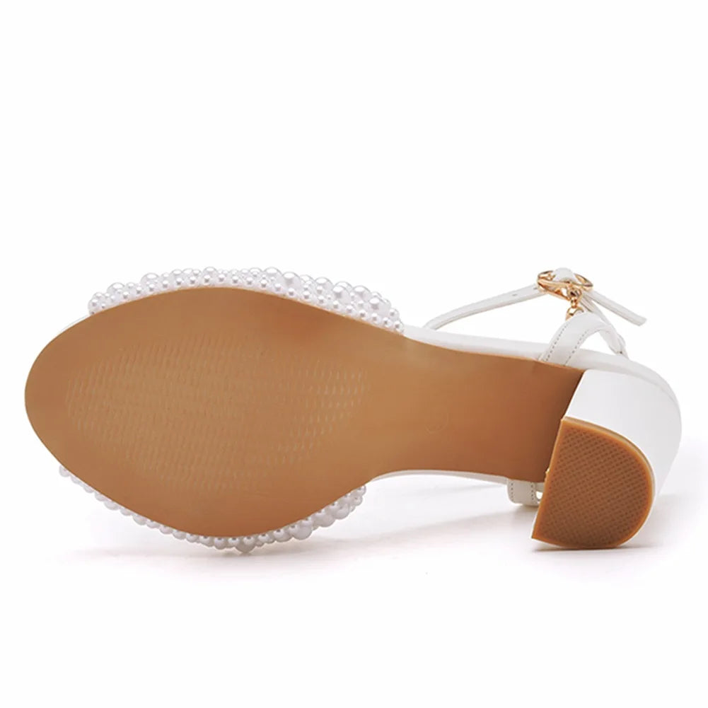 Handmade Designer Pearl-Embellished Thick Square Heel Fish Mouth Sandals for Brides, Wedding Shoes