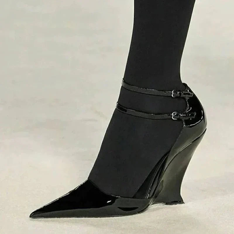 VougeVamp Red Patent Leather Wedge Pumps - Pointed Toe Double Buckle Party Shoes for Women