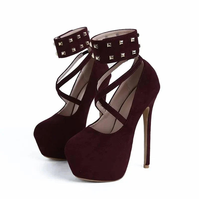 VougeVamp Women’s Metal Rivet Ankle Hook Strap Platform Pumps – Solid Black Round Toe High Heels