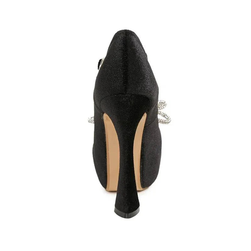 VougeVamp Rhinestone Crystal Bowknot Platform Pumps - Round Toe 13CM High Heel Wedding Shoes for Women