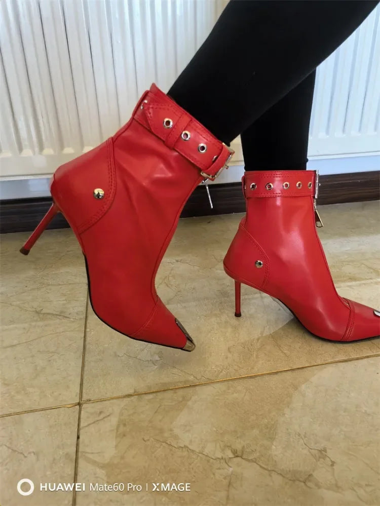 Handmade Women's Red High-Heeled Ankle Boots with Belt Buckle, Front Zipper, Pointed Toe, and Metallic Accent - VougeVampUK