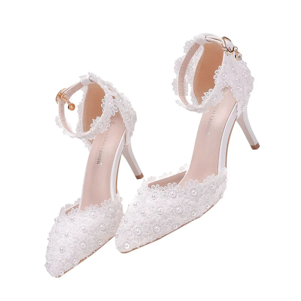 VougeVamp White Stiletto Bridal Heels – Pointed Toe Ankle Strap Wedding Sandals