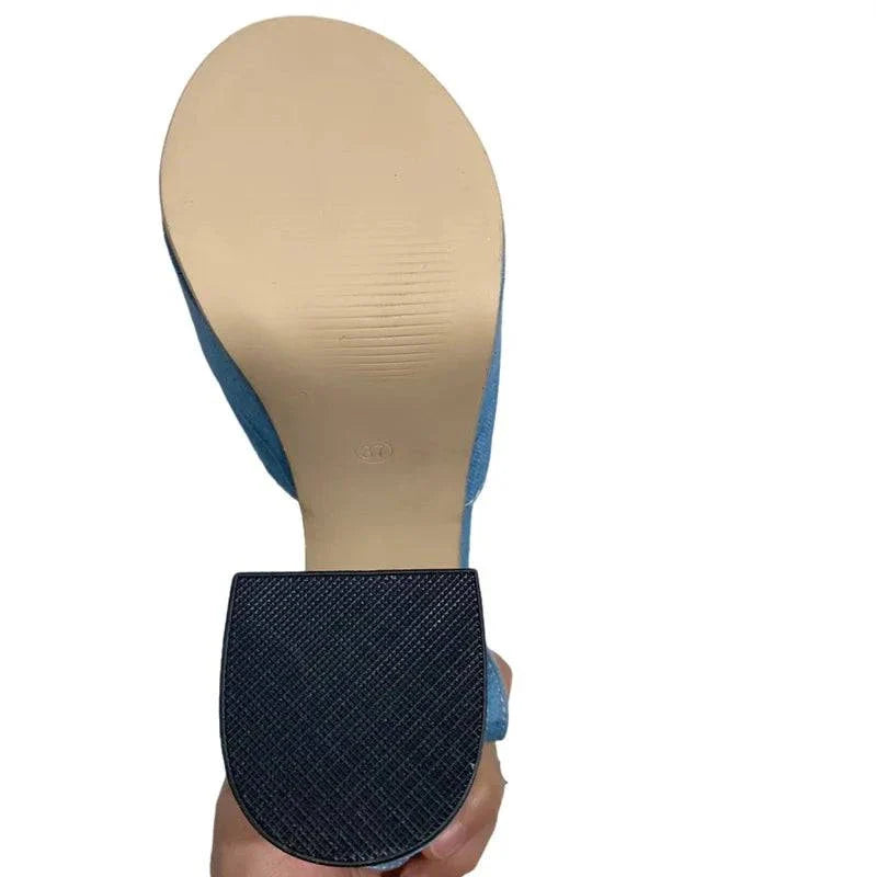 VougeVamp Blue Denim Platform Sandals - Open Toe Chunky High Heel Party Shoes for Women