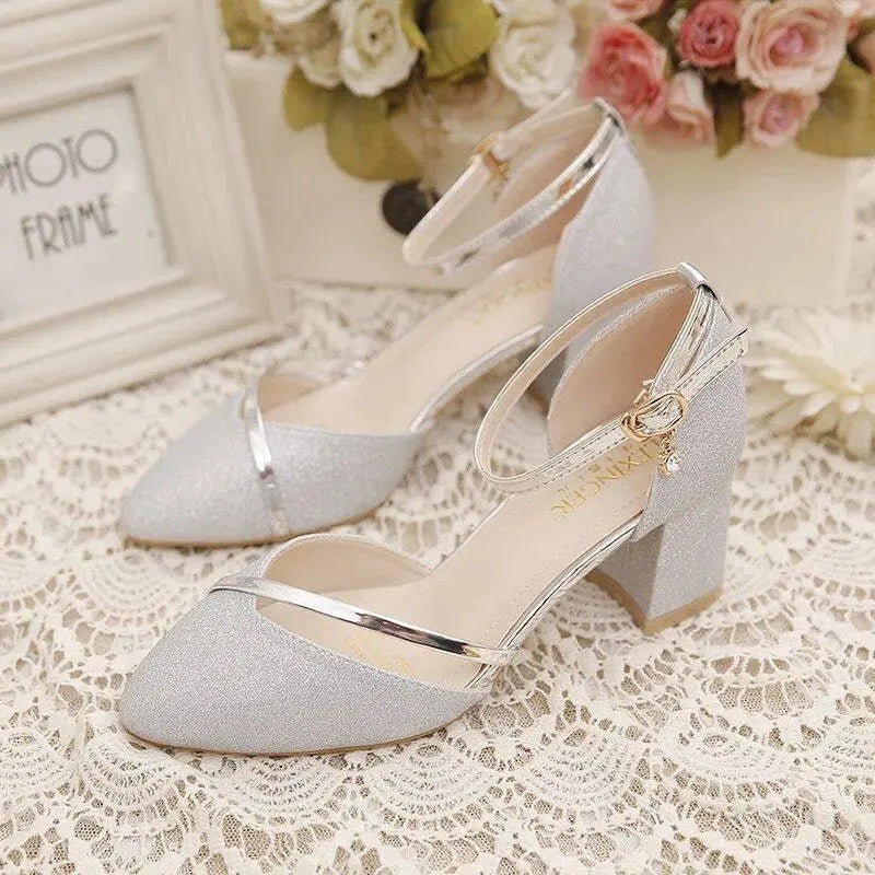 VougeVamp Women's Sequin Chunky Heel Wedding Shoes – Elegant Bridesmaid High Heels with Buckle Strap