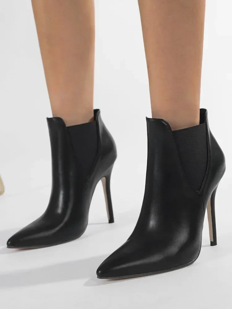 Handmade Punk-Inspired Pointed Toe Women’s Ankle Boots with Elastic Band and Stiletto High Heels