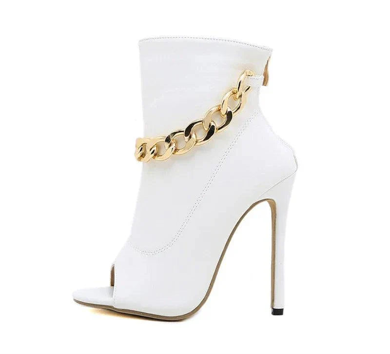 VougeVamp White Leather Ankle Sandal Boots - Peep Toe High Heel Pumps with Metal Chain