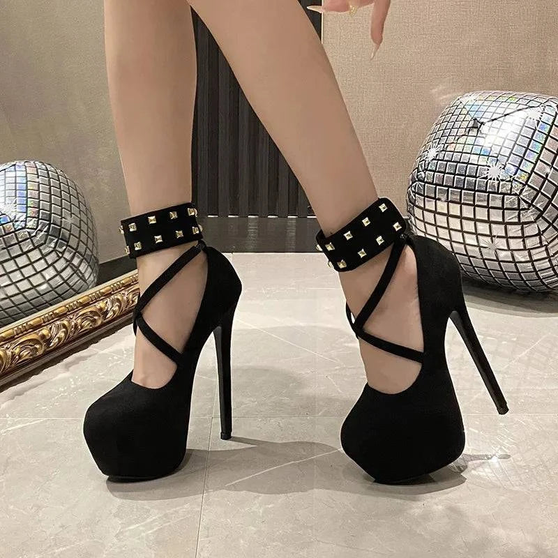 VougeVamp Women’s Metal Rivet Ankle Hook Strap Platform Pumps – Solid Black Round Toe High Heels