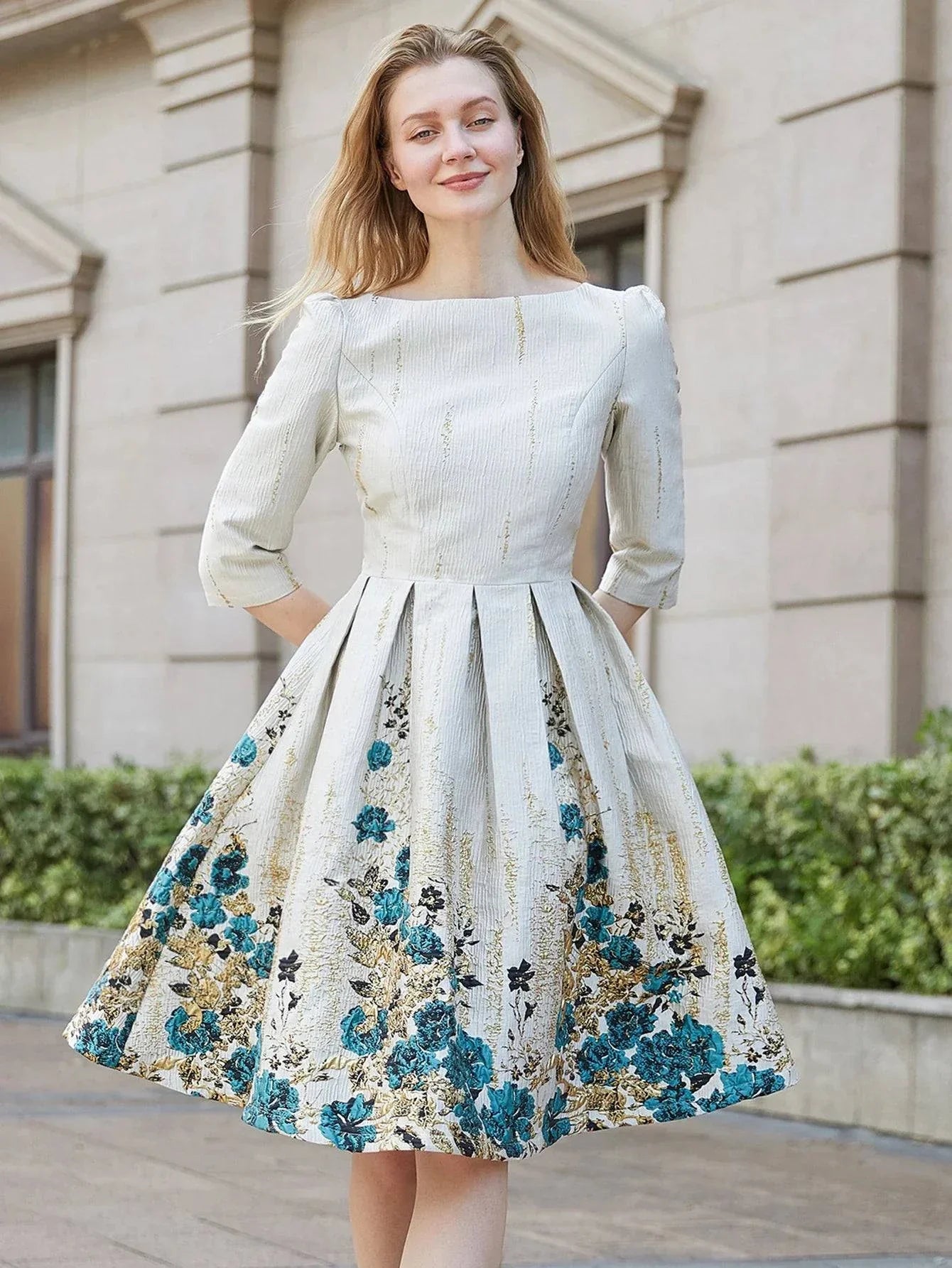 VougeVamp Luxury Women Jacquard Mid-Calf Dress - Floral A-Line Evening Gown with Three-Quarter Sleeves - VougeVampUK