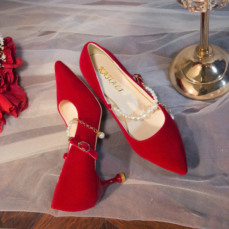 Women's Suede Pointed Toe High Heels – Elegant Embroidered Bridal & Banquet Pumps with Metal Detail