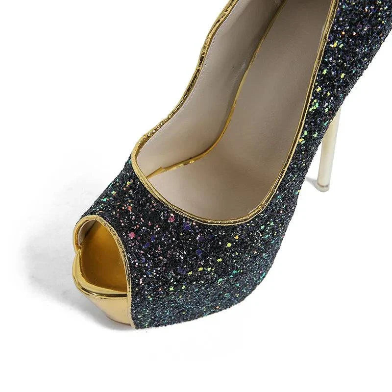VougeVamp Women’s Sequined Peep-Toe Platform Pumps – Extreme High Heels for Parties, Nightclubs, and Weddings