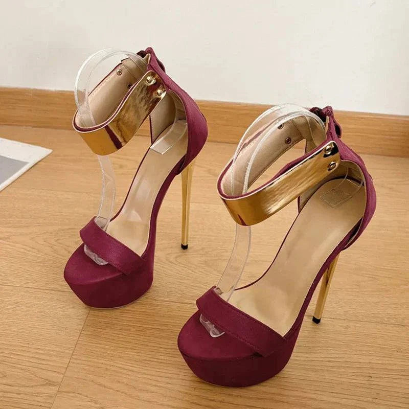 VougeVamp Metal Ankle Zip Platform Sandals - 16CM High Heel Party Shoes for Women