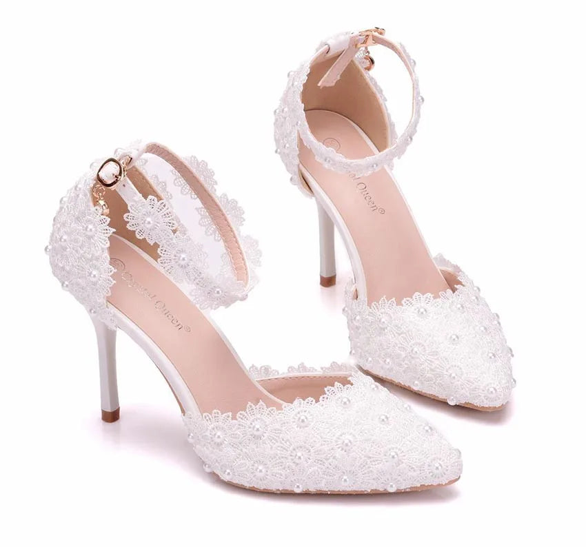 VougeVamp Women's Rhinestone Lace Wedding Heels – Elegant White Bridal Ankle Strap Pumps