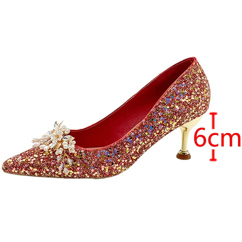 VougeVamp Pearl Flower Bridal Pumps – Elegant Bling High Heels for Weddings & Parties