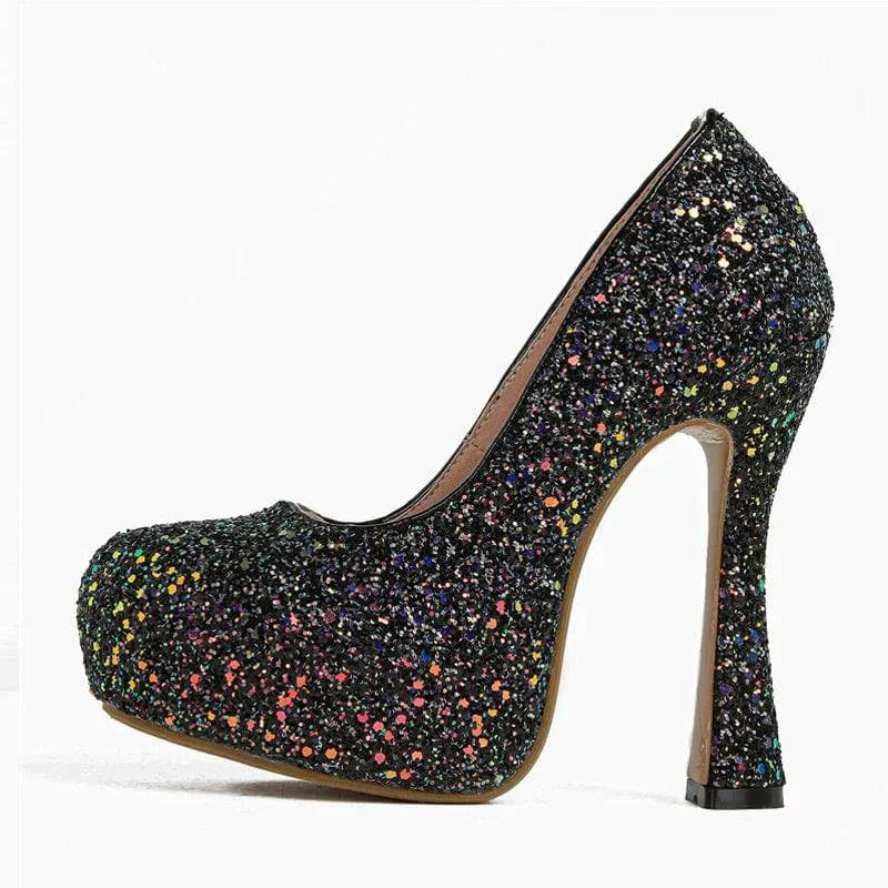 VougeVamp Sequined Cloth Platform Pumps - Round Toe High Heel Party Shoes for Women