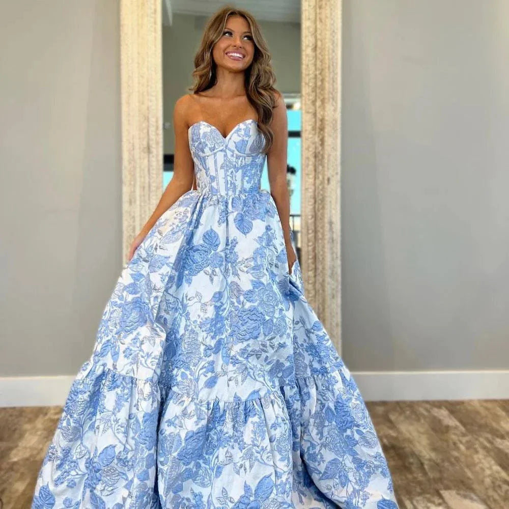 VougeVamp Customized Blue Flowers Strapless Prom Dress - Sleeveless A-Line Satin Evening Gown with Pleats - VougeVampUK