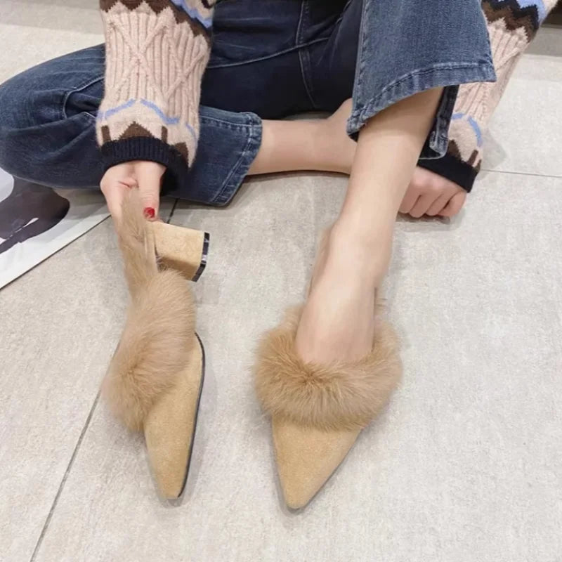 VougeVamp Women's Fluffy Fur High Heel Slippers – Cozy Plush Indoor Winter House Shoes