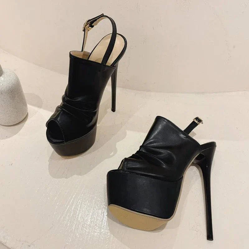VougeVamp Black Pleated Platform Sandals - Peep Toe High Heel Party Shoes for Women