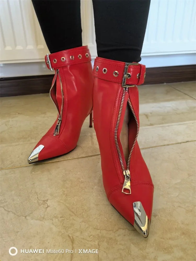 Handmade Women's Red High-Heeled Ankle Boots with Belt Buckle, Front Zipper, Pointed Toe, and Metallic Accent - VougeVampUK