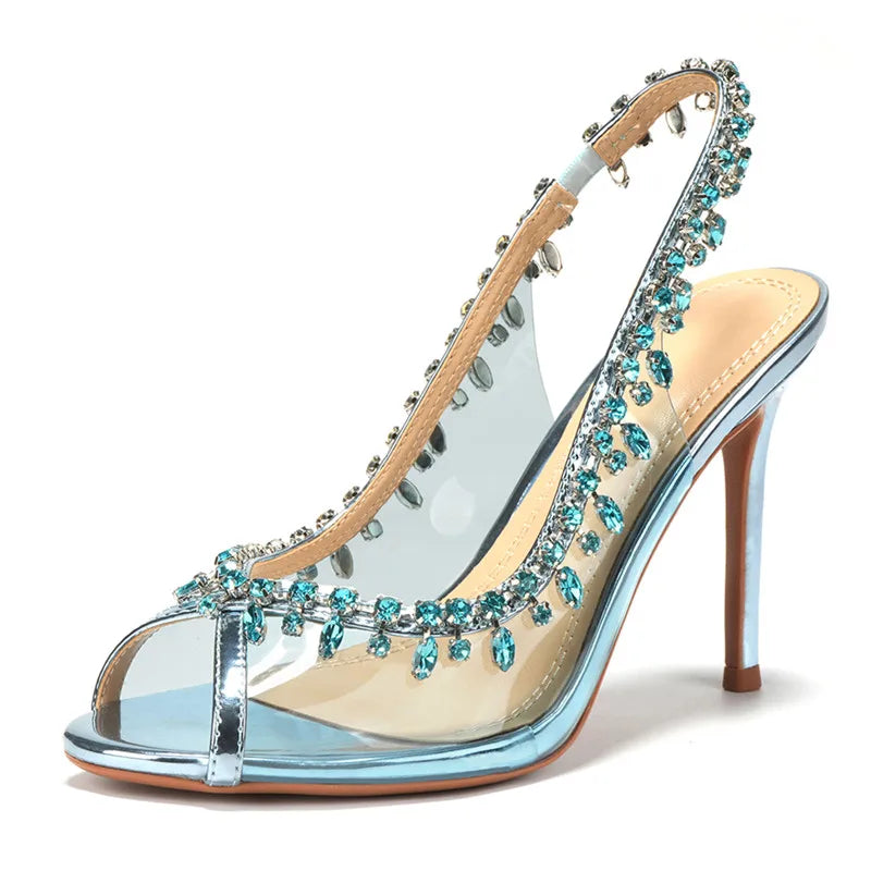 VougeVamp Luxury Crystal Tassel Slingback Pumps – Transparent PVC Peep-Toe High Heels for Weddings & Parties - VougeVampUK