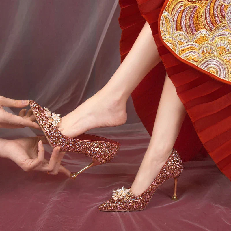 VougeVamp Pearl Flower Bridal Pumps – Elegant Bling High Heels for Weddings & Parties