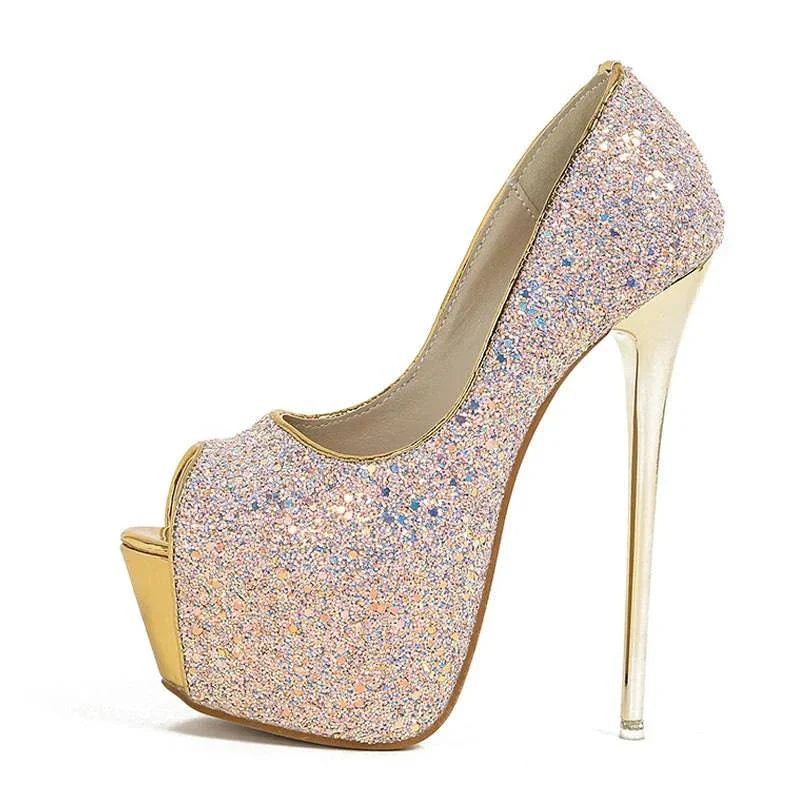 VougeVamp Women’s Sequined Peep-Toe Platform Pumps – Extreme High Heels for Parties, Nightclubs, and Weddings
