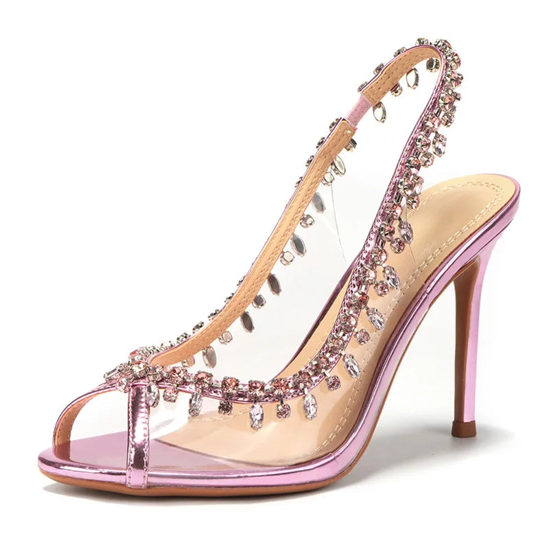 VougeVamp Luxury Crystal Tassel Slingback Pumps – Transparent PVC Peep-Toe High Heels for Weddings & Parties - VougeVampUK