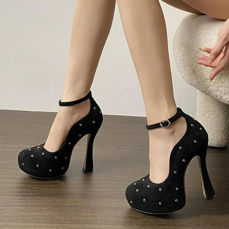 VougeVamp Women’s Round Toe Ankle Buckle Strap Pumps – Metal Rivet Designer High Heels for Parties and Events