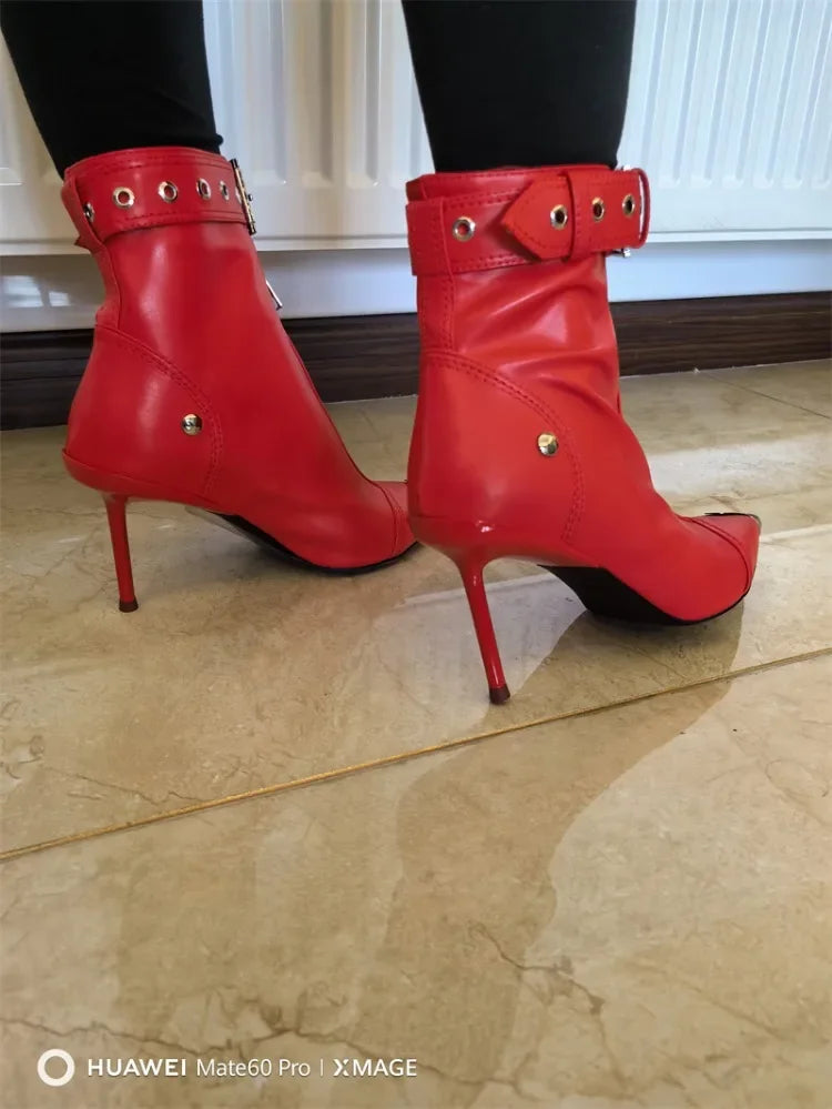 Handmade Women's Red High-Heeled Ankle Boots with Belt Buckle, Front Zipper, Pointed Toe, and Metallic Accent - VougeVampUK