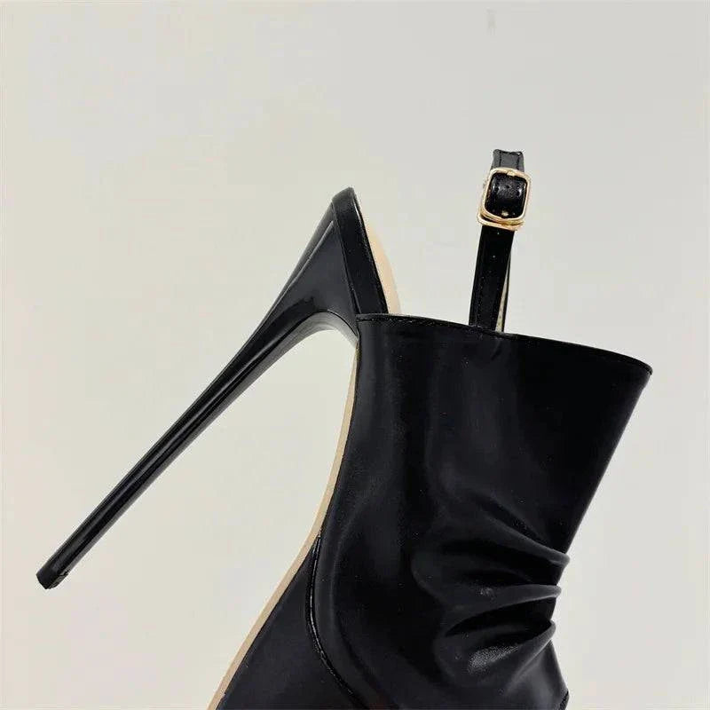 VougeVamp Black Pleated Platform Sandals - Peep Toe High Heel Party Shoes for Women