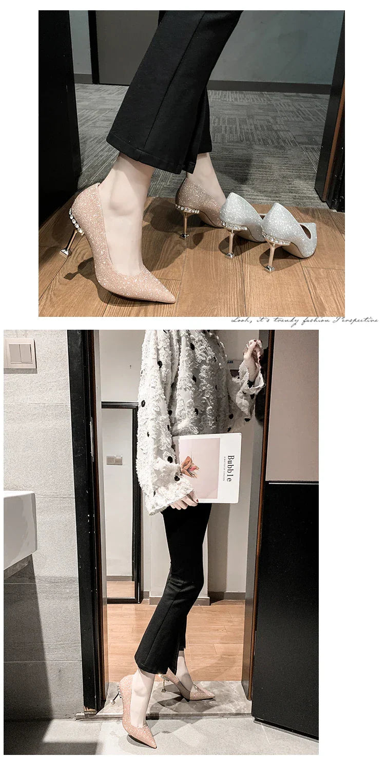 VougeVamp Elegant Stiletto Heels – Nude & Metallic Pointed Toe Dress Shoes with Pearl Detail for Bridal, Party & Special Occasions