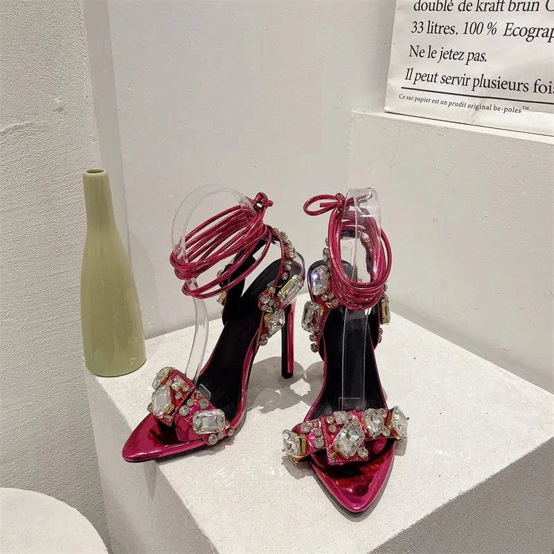 VougeVamp Green Crystal Cross-Strap Sandals - Pointed Toe High Heel Wedding Shoes for Women