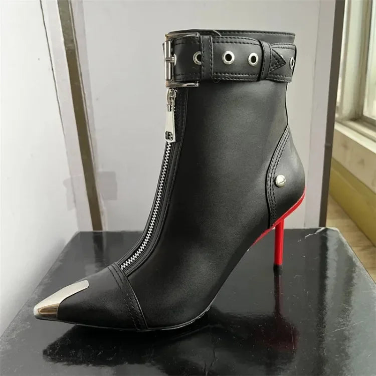 Handmade Women's Red High-Heeled Ankle Boots with Belt Buckle, Front Zipper, Pointed Toe, and Metallic Accent - VougeVampUK