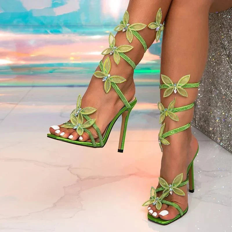 VougeVamp Women’s Crystal Butterfly Ankle Strap Sandals – Sexy Square Toe Green High Heels for Weddings and Banquets