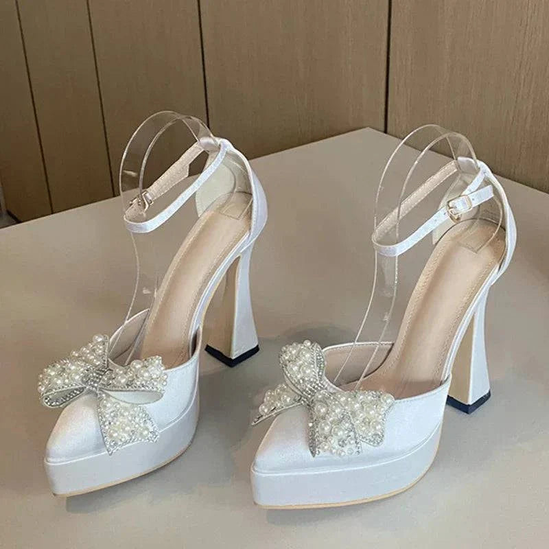 VougeVamp White Pearl Bowknot Platform Pumps - Pointed Toe High Heel Party Shoes for Women