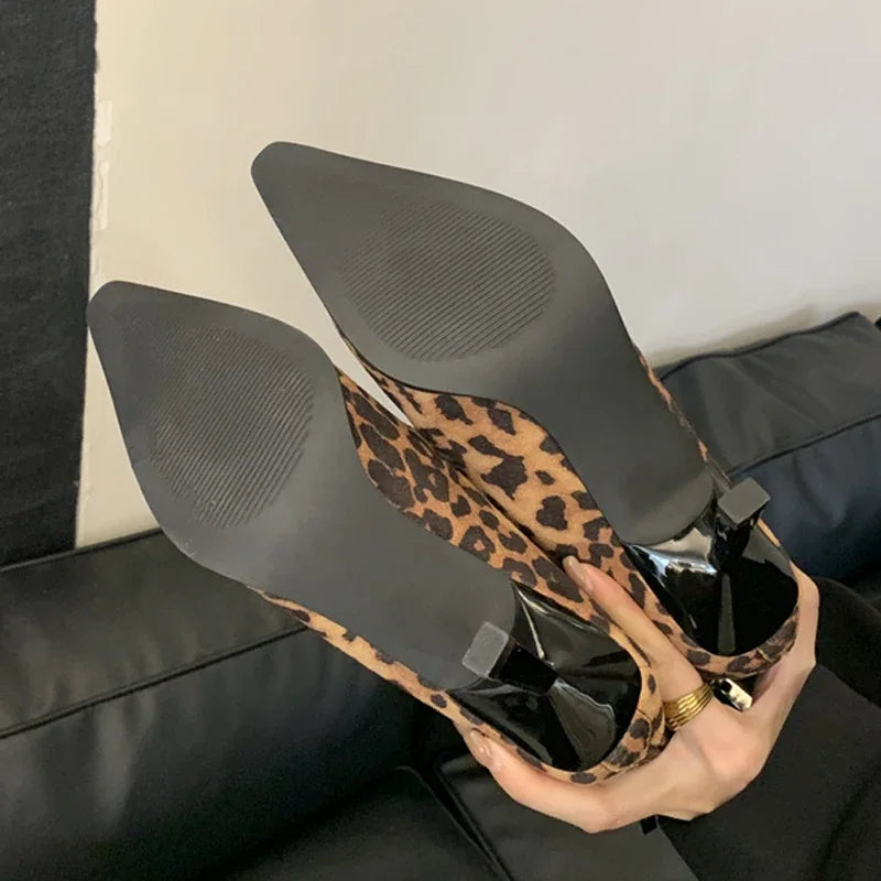 Handmade Leopard Print Pointed Toe Women’s Ankle Boots with Zipper and Thin High Heels - VougeVampUK