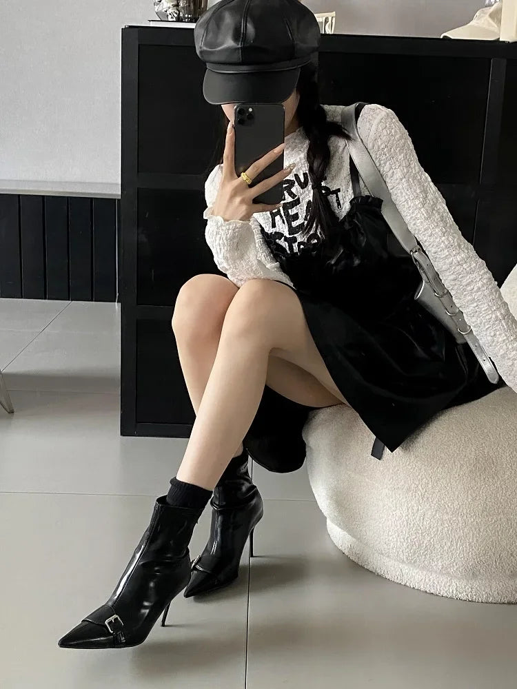 Handmade Slim-Fit Pointed Toe Women’s Ankle Boots with Zipper and Belt Buckle, Thin High Heels