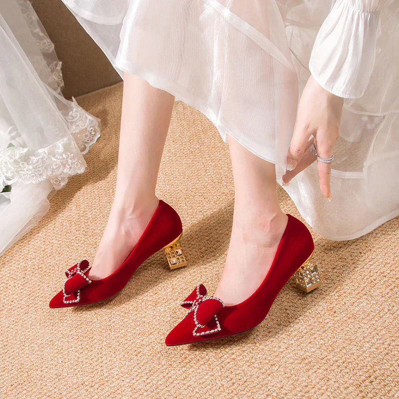 VougeVamp Red Bowtie Crystal High Heel Pumps – Elegant Slip-On Bridal & Party Shoes