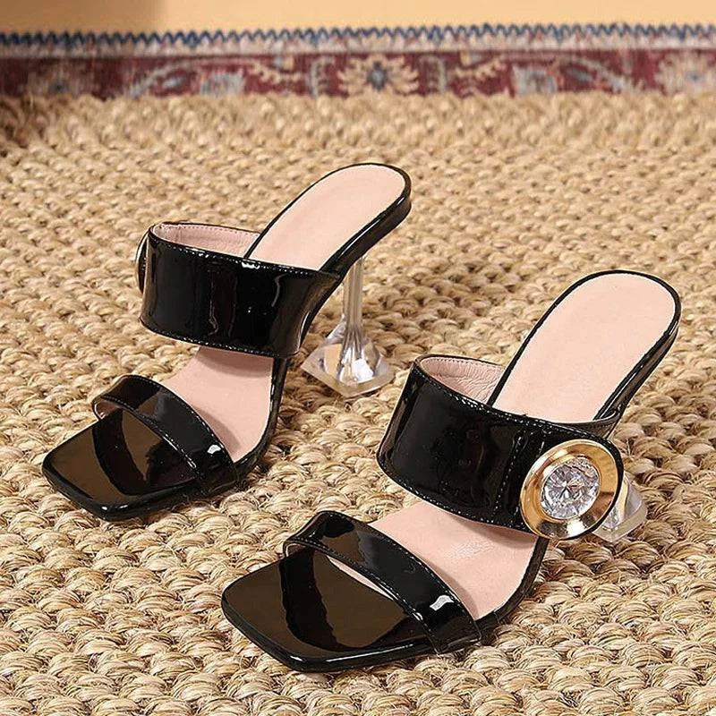 VougeVamp Transparent Metal Crystal Buckle Slippers - 9CM High Heel Party Sandals for Women