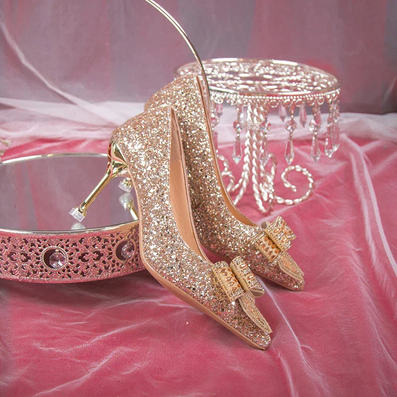 VougeVamp Handmade Crystal Bow Bridal Pumps – Glitter High Heels for Weddings & Parties