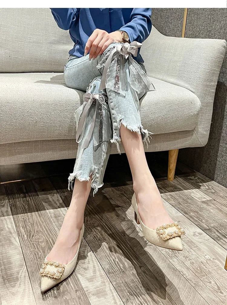 VougeVamp Pearl Rhinestone Pointed Toe Pumps – Elegant Chunky Heel Shoes for Spring Fashion