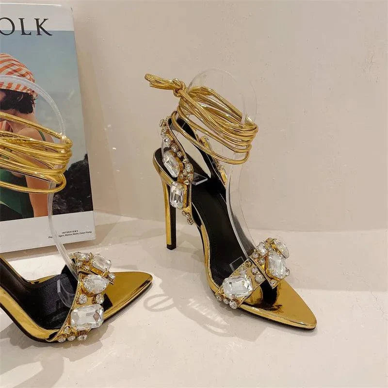 VougeVamp Green Crystal Cross-Strap Sandals - Pointed Toe High Heel Wedding Shoes for Women