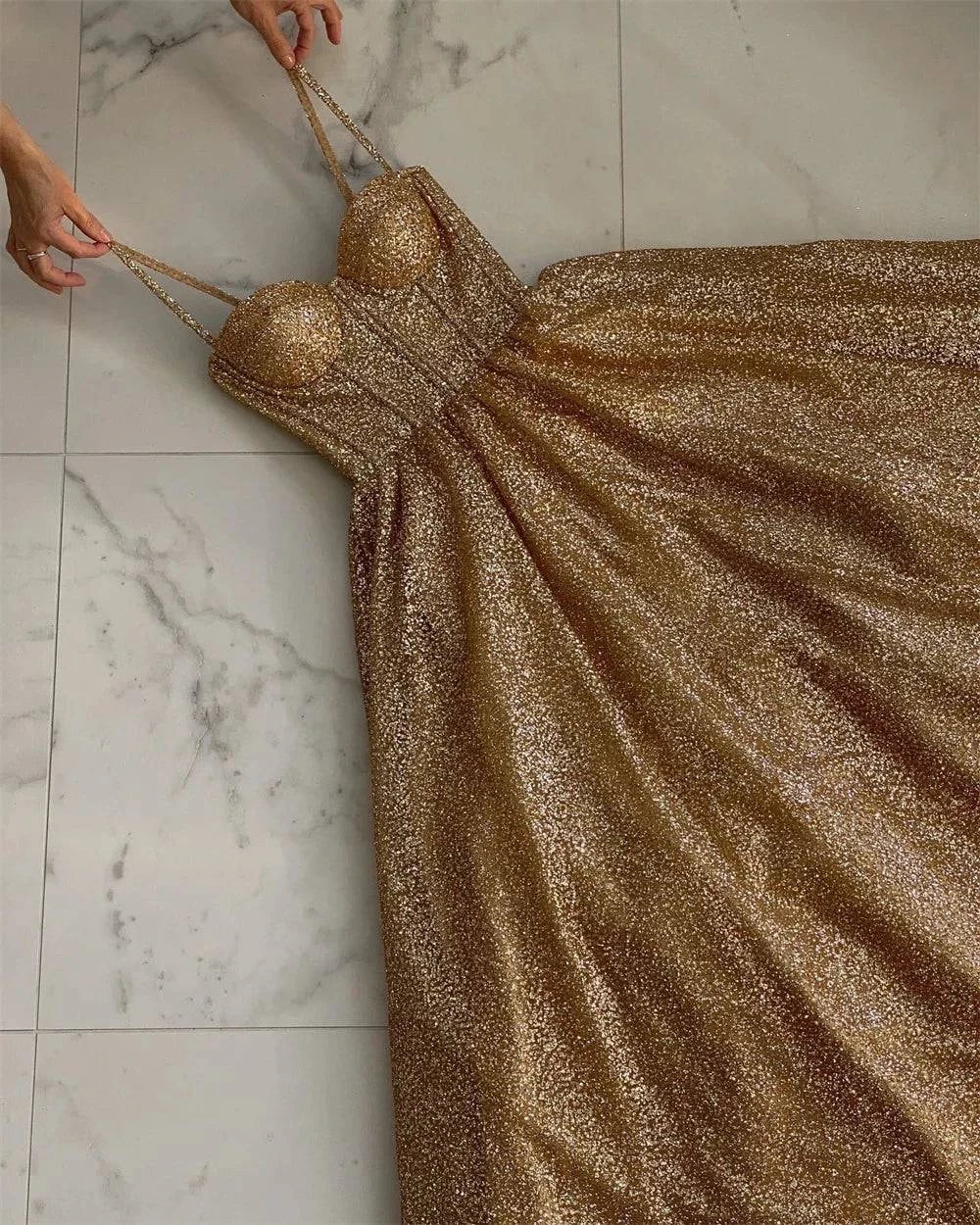 VougeVamp Sequin Spaghetti Strap V-Neck Evening Dress - Floor-Length Draped A-Line Wedding Gown - VougeVampUK