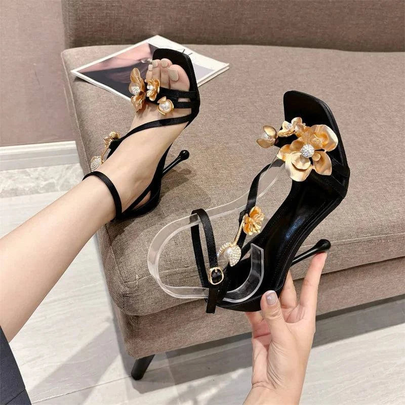 VougeVamp Gold Metal Flower Gladiator Sandals - Square Toe High Heel Party Shoes for Women
