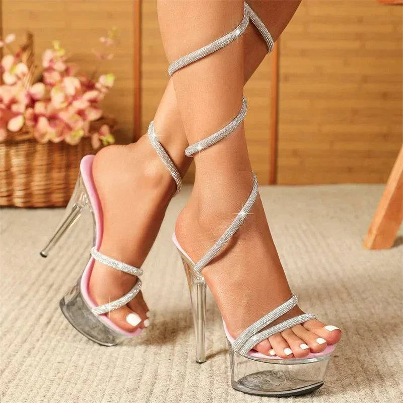 VougeVamp Rhinestone Snake Twine Platform Sandals - Transparent High Heel Wedding Shoes for Women